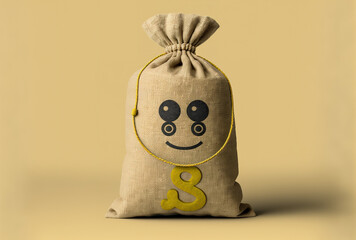 Dollar sign figure mascot and tied rustic canvas and linen money sack or money bag on a yellow backdrop. Generative AI