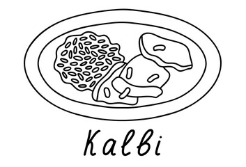 The plate with grilled meat "Kalbi". Vector outline illustration of korean food with lettering