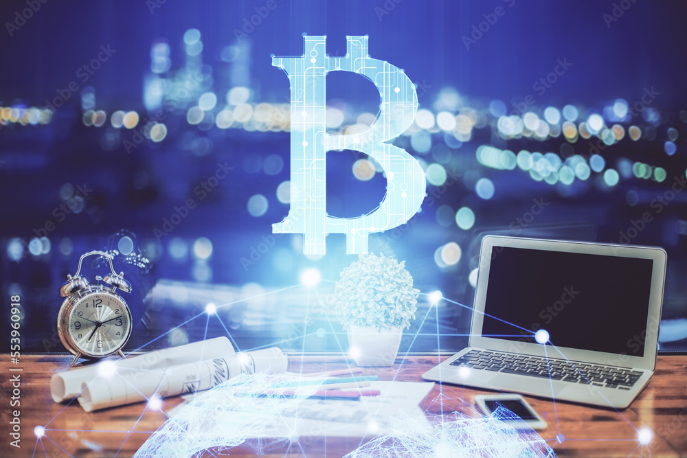 Poster Double exposure of blockchain and crypto economy theme hologram and table with computer background. Concept of bitcoin cryptocurrency.