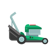 Rotary lawn mower engine in flat design. Green grass cutter icon. Gardening machine vector illustration.