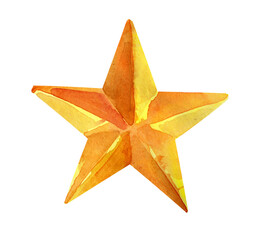 Obraz premium Watercolor golden star made of glass isolated on white background. Illustration of Christmas tree toy in natural style, ready to use. Design element for decorations, labels, tags, season offer.