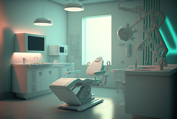 Dental chair, medical light, and modern clinic without patients. Generative AI