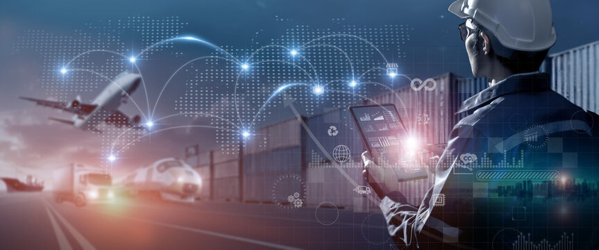 logistic transportation network concept,  business man monitor by using artificial intelligence technology to manage localization and identification data of supply chain to improve economy system