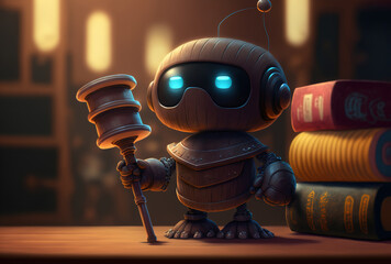 Internet law idea with a little and adorable robot holding a judge's gavel. Generative AI