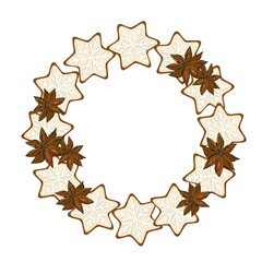 Christmas sweet Wreath with cookies, cupcake, cinnamon sticks, orange, anise star. Packaging design