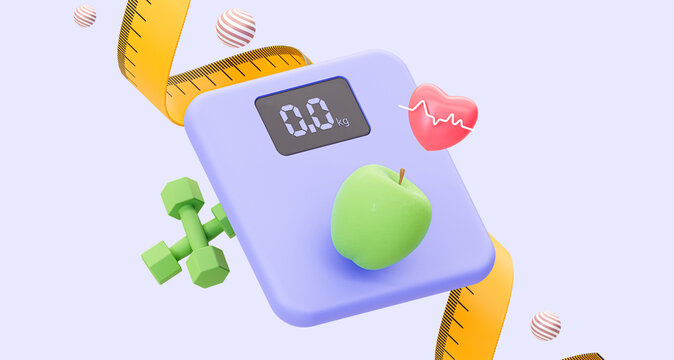 The concept of measuring body weight loss. The right way of life. Electronic scales with a green apple and dumbbells for fitness. 3d rendering illustration