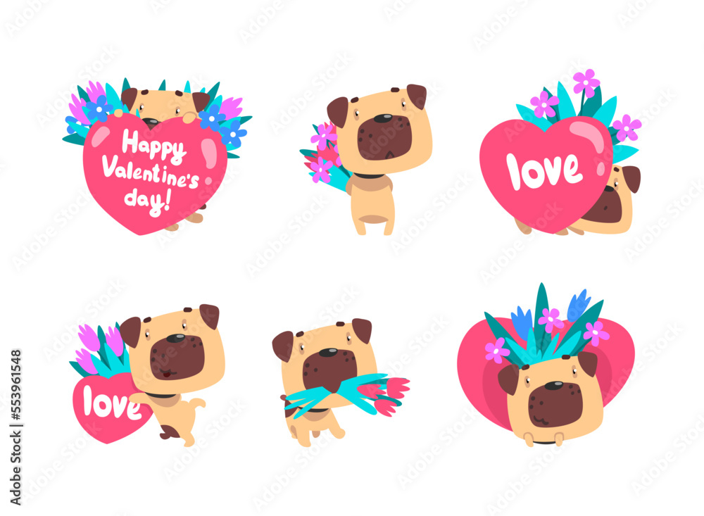 Wall mural Funny Pug Dog with Red Valentine Heart and Flower Bouquet Vector Set