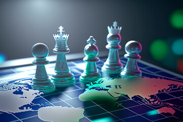 Concept of geopolitics or worldwide economy. chess figures placed on map banner - obrazy, fototapety, plakaty