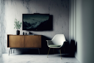 Home interior with a chair and a television cabinet against a blank marble wall. Generative AI