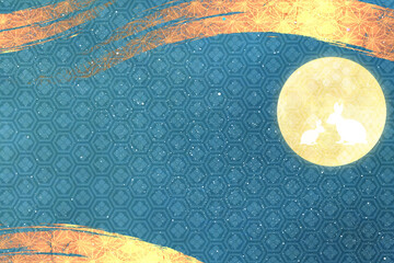 青い和紙に和柄と金の筆ライン　満月に干支のうさぎ