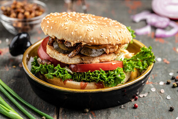 Close up burger with a chicken cutlet, Food recipe background