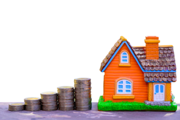 step of coins with orange house model on table with transparent background