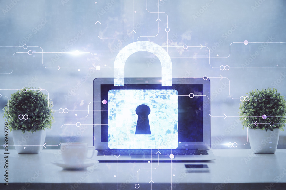 Poster Double exposure of desktop with computer and lock icon hologram. Concept of data safety.