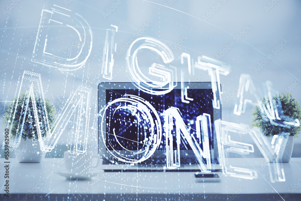 Aufkleber Double exposure of blockchain and crypto economy theme hologram and table with computer background. Concept of bitcoin cryptocurrency.