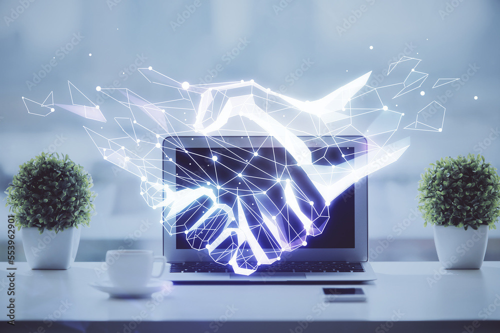 Poster desktop computer background in office and handshake hologram drawing. double exposure. pertnership c