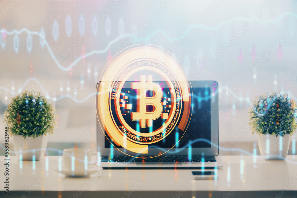 Poster Double exposure of blockchain and crypto economy theme hologram and table with computer background. Concept of bitcoin cryptocurrency.
