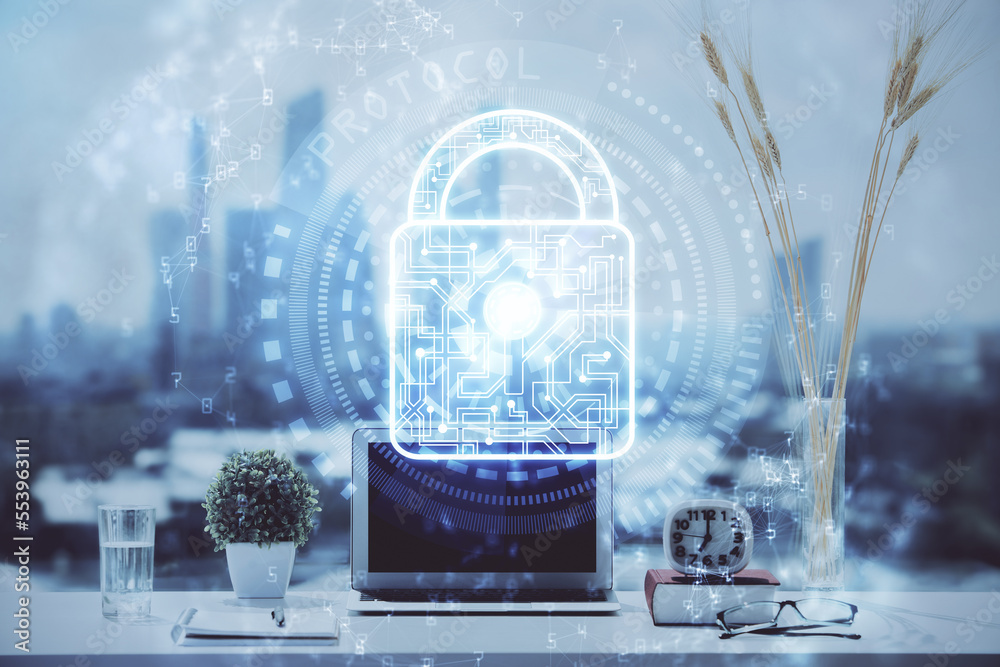 Aufkleber Double exposure of desktop with computer and lock icon hologram. Concept of data safety.