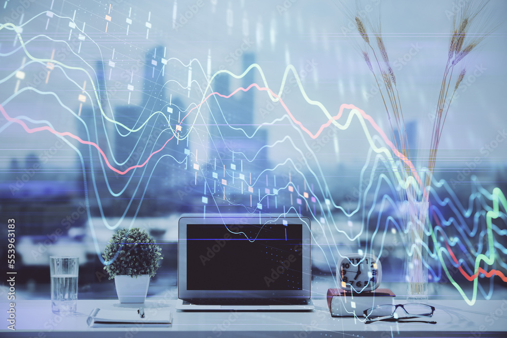 Poster forex chart hologram on table with computer background. double exposure. concept of financial market