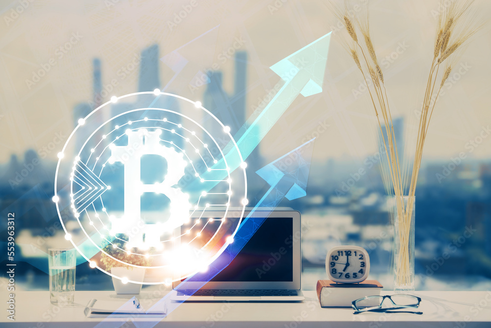 Poster Double exposure of blockchain and crypto economy theme hologram and table with computer background. Concept of bitcoin cryptocurrency.