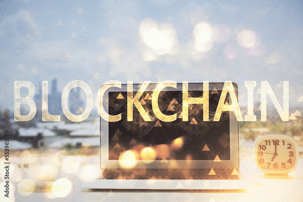 Aufkleber double exposure of blockchain and crypto economy theme hologram and table with computer background. 