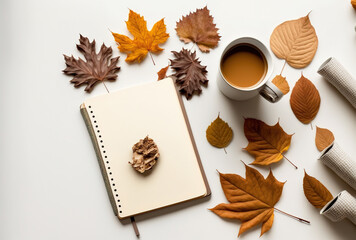 Naklejka na ściany i meble Arrangement for autumn Autumn foliage, a notebook, a coffee cup, and plaid all on a white backdrop. Anime style flat lay, top view, copy space. Generative AI