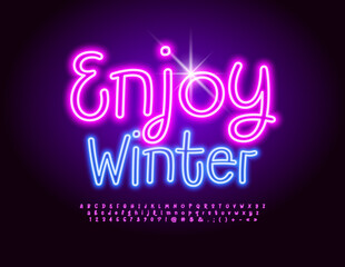 Vector colorful Banner Enjoy Winter. Funny neon Font. Bright Glowing Alphabet Letters, Numbers and Symbols set