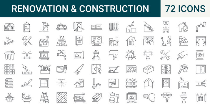 Set of 72 outline web icons. construction, home repair, renovation, building. Thin line icons collection. Vector illustration. Editable stroke