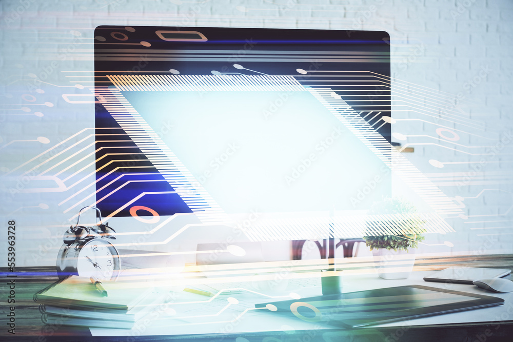 Poster Double exposure of desktop with computer on background and tech theme drawing. Concept of big data.