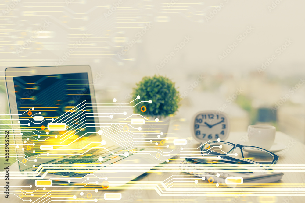 Aufkleber Double exposure of desktop with computer on background and tech theme drawing. Concept of big data.