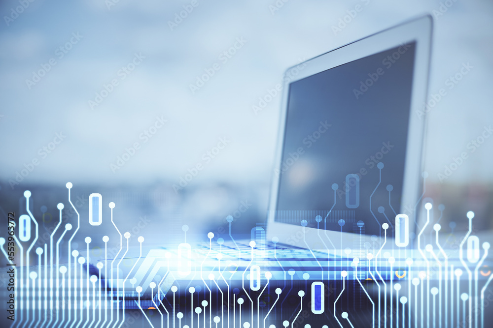 Aufkleber Double exposure of desktop with computer on background and tech theme drawing. Concept of big data.