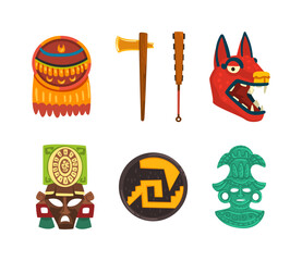 Maya Civilization Ethnic Symbols with Ornamental Plate, Carved Mask, Hatchet and Wolf Head Vector Set
