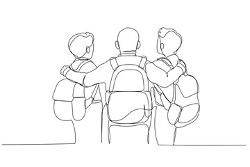 Illustration of three schoolboys rear view with backpacks standing and hugs. Single line art style
