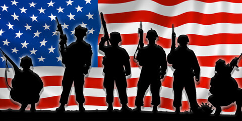 American flag with silhouette of soldiers