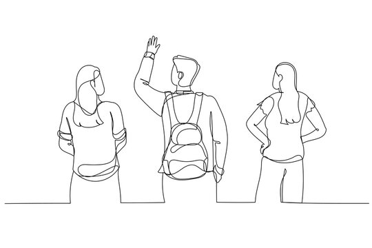 Drawing Of People Group From The Back Look Up. Single Continuous Line Art