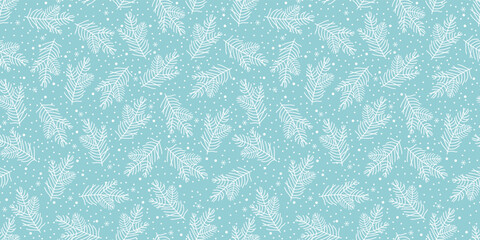 Seamless background Christmas tree and snowflakes on a white background. Christmas design for gift wrapping paper. 