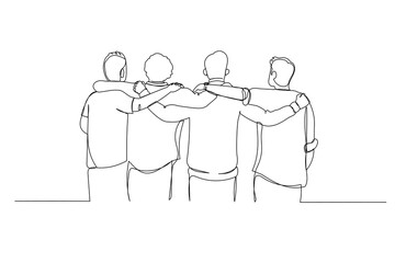 Cartoon of group of friends putting arms on shoulders embrace one another. One line art style