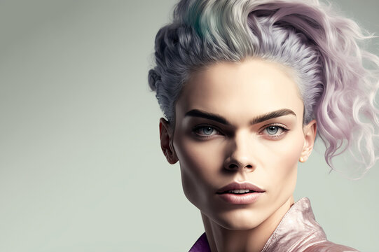 Beautiful woman with modern multi coloured hairstyle. model pose with funky hair. Generative ai