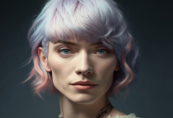 Beautiful woman with modern multi coloured hairstyle. model pose with funky hair. Generative ai