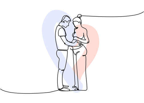 recommend clip art: Full length couple in love, spouses, pregnant woman one line art with colorful elements. Continuous line drawing of pregnancy, motherhood, preparation for childbirth, expectation of a child.