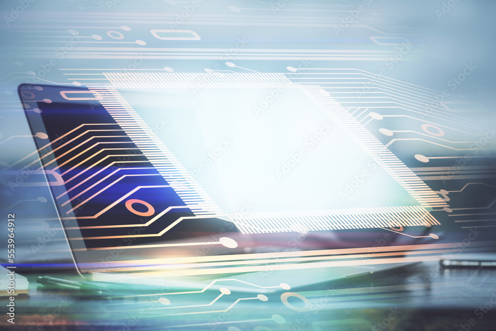 Poster Double exposure of desktop computer and technology theme hologram. Concept of software development.