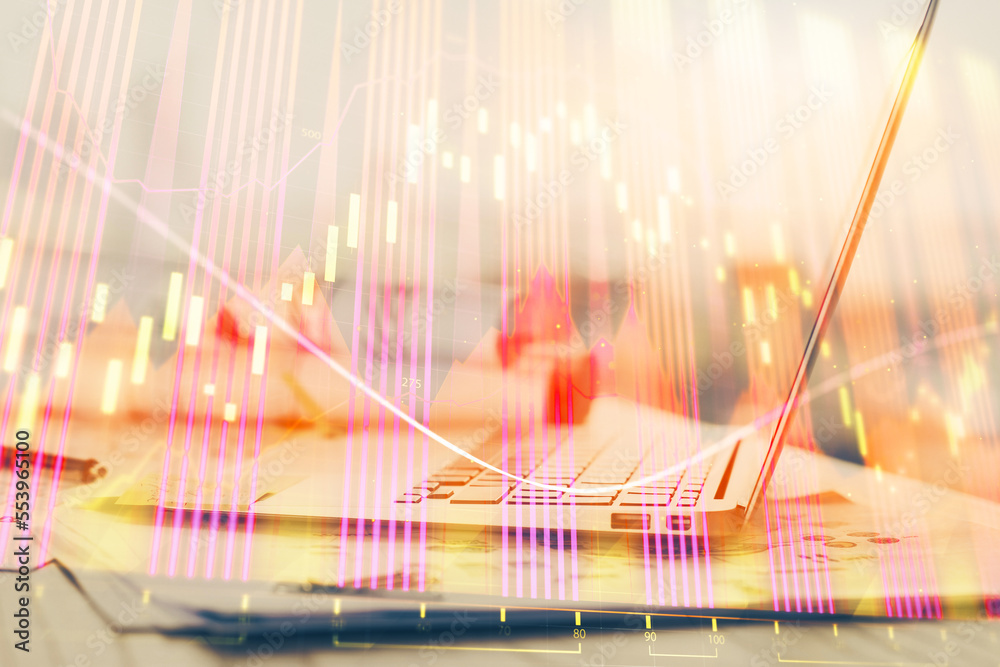 Poster forex chart hologram on table with computer background. double exposure. concept of financial market