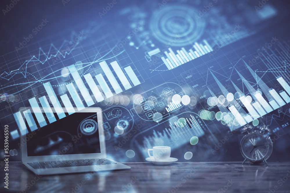 Poster forex chart hologram on table with computer background. double exposure. concept of financial market
