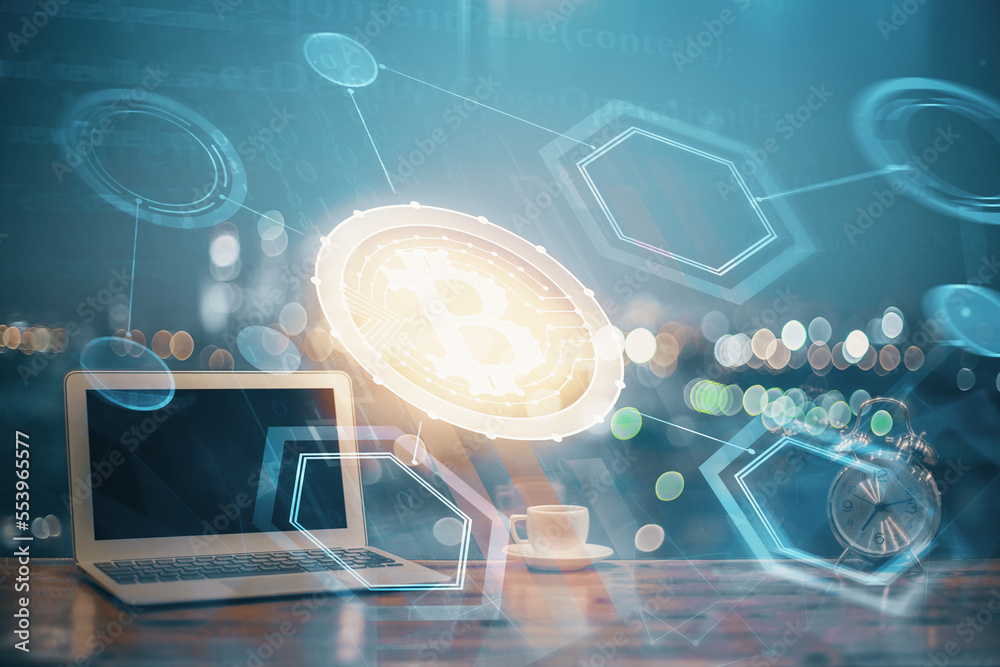 Aufkleber Multi exposure of blockchain theme hologram and table with computer background. Concept of bitcoin crypto currency.