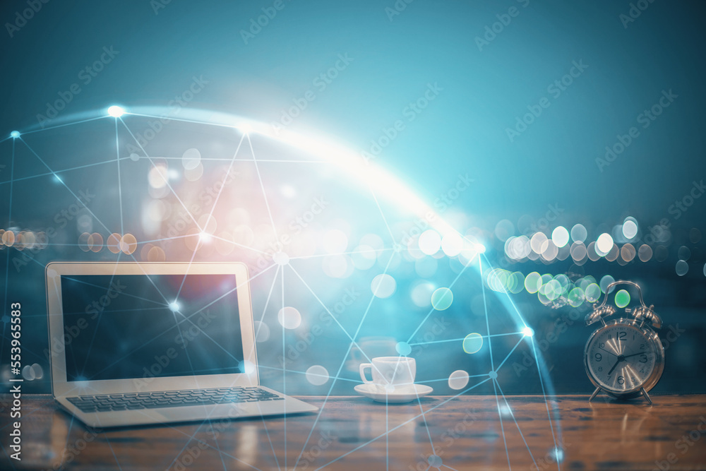 Poster Computer on desktop with social network theme icon. Multi exposure. Concept of international connections.
