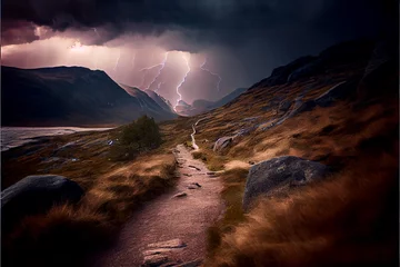 Foto op Plexiglas Generative AI abstract render of an alpine fantasy landscape in a thunderstorm © Schneestarre