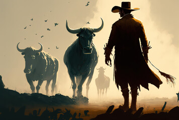 Naklejka na ściany i meble Cowboy and cows in a shadow. Generative AI
