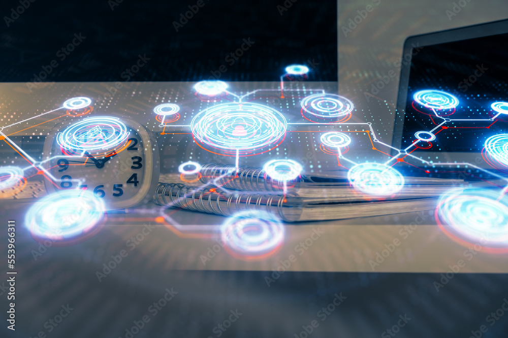 Poster Computer on desktop with social network theme icon. Multi exposure. Concept of international connections.