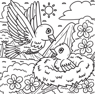 Mothers Day Mama And Baby Bird Coloring Page