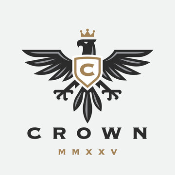 Eagle crest heraldry logo. Heraldic monogram falcon icon. Insignia bird symbol. Royal hawk emblem. Vector illustration.