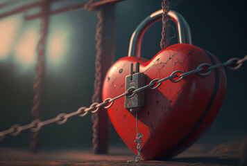 a red padlock suspended from a wire fence in soft focus. Generative AI
